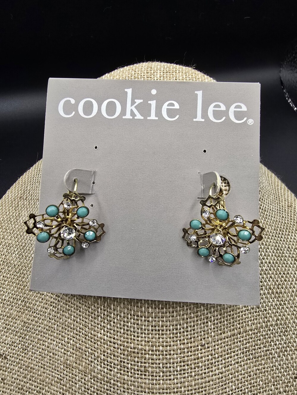 Cookie Lee Gold Earrings with Turquoise and Crystal Accents-Pierced Lever Backs